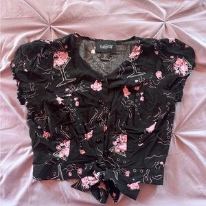Collectif Black and Pink Elephant Crop with Tie Front